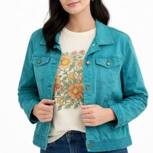 Twiggy London Turquoise Denim Jacket Size Large Lace Trim – Retro Mod Boho Chic